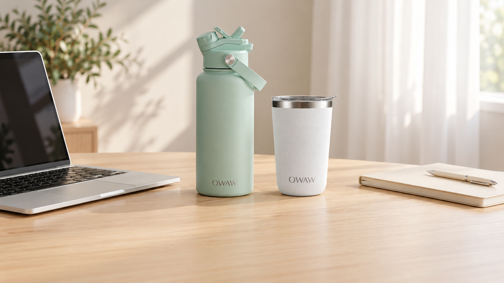 Gourde isotherme OWAW Nomade et gobelet à café OWAW Pause sur un bureau en bois à côté d'un ordinateur portable