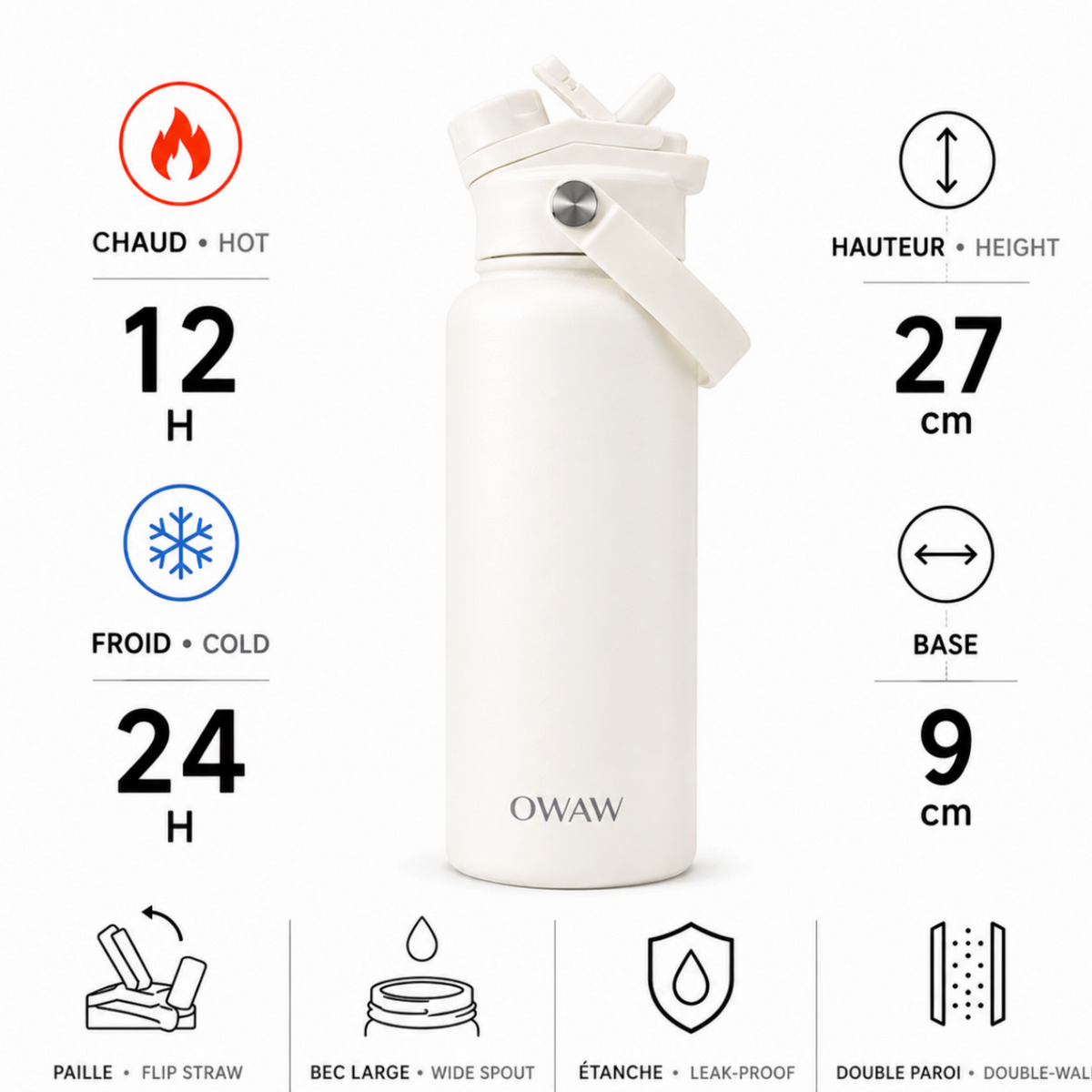 OWAW Nomade 32 oz insulated water bottle with straw: features and specifications