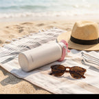 OWAW Nomade stainless steel water bottle in Blush Pink on a beach blanket with a sun hat