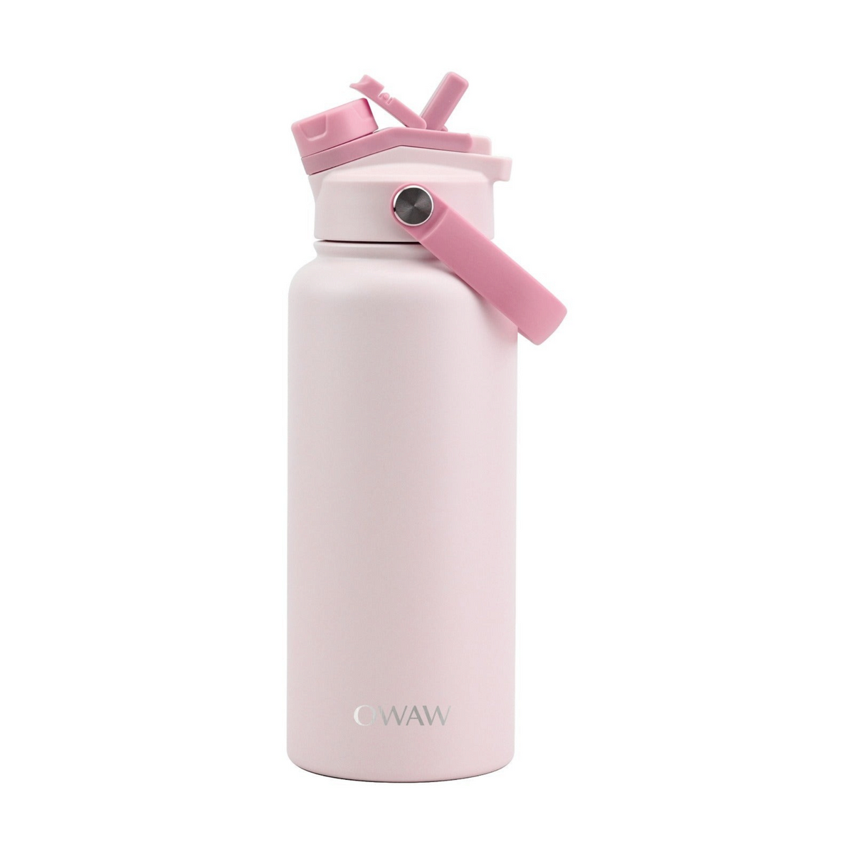 OWAW Nomade 32 oz insulated water bottle with straw in Blush Pink, front view