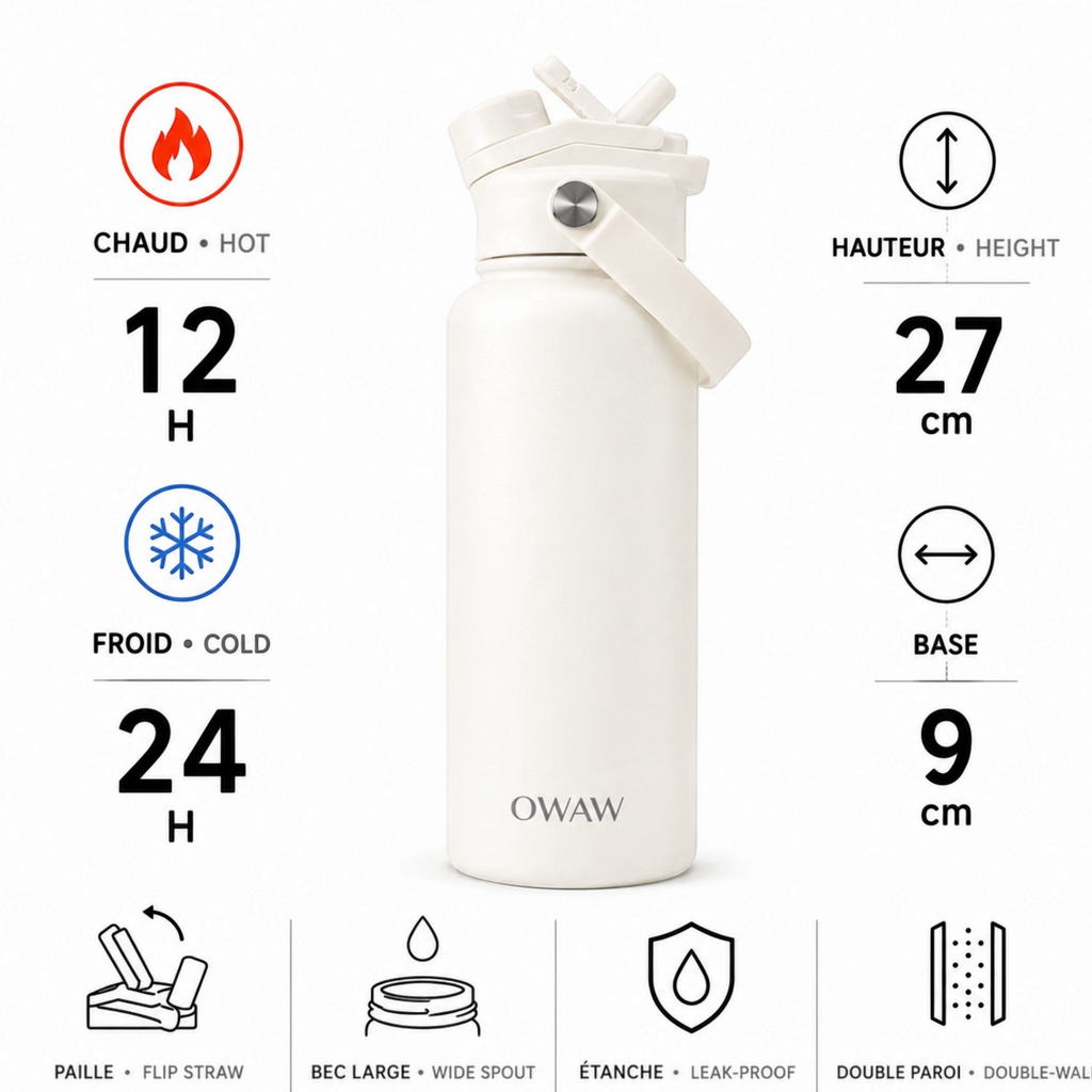 OWAW Nomade 32 oz insulated water bottle with straw: features and specifications