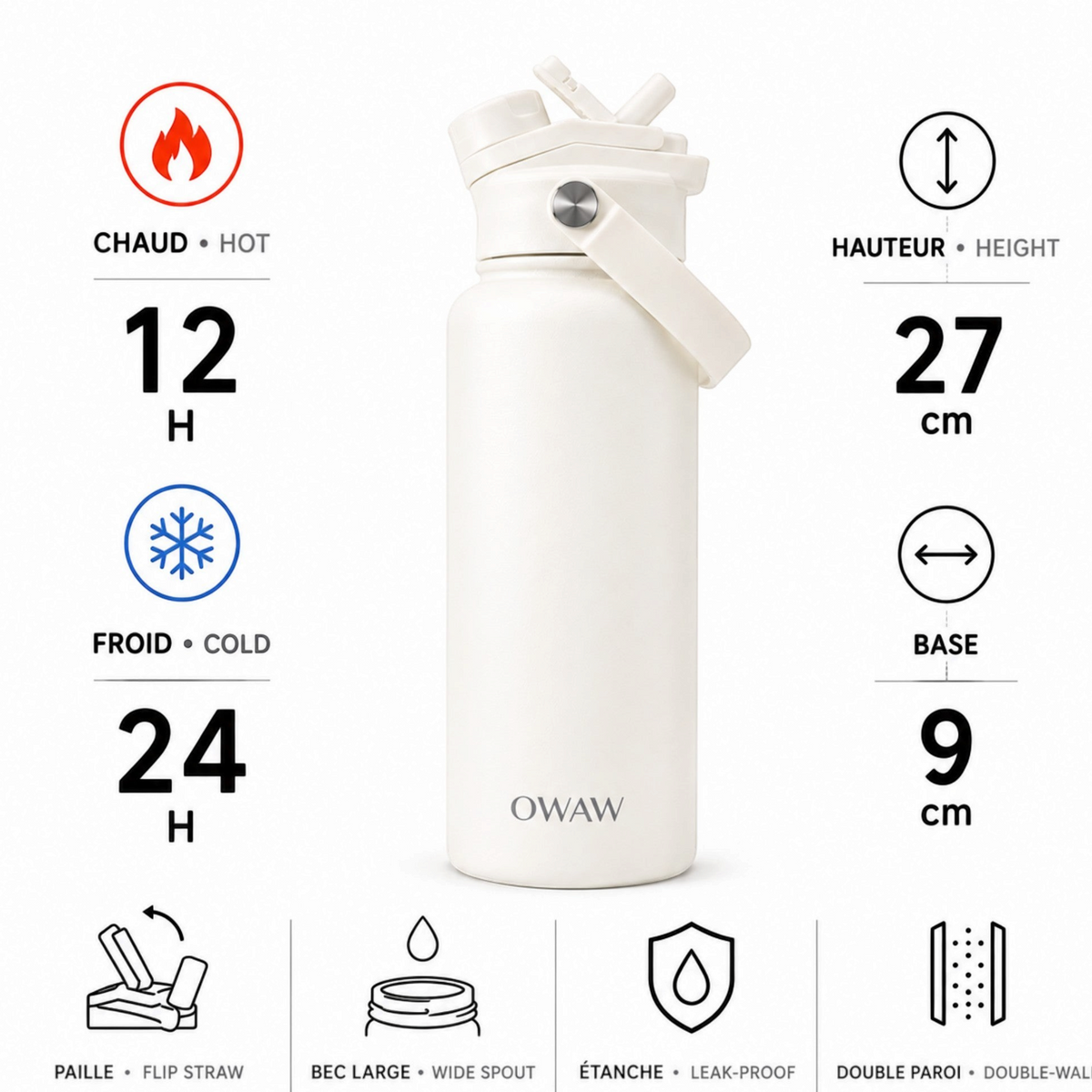 OWAW Nomade 32 oz insulated water bottle with straw: features and specifications