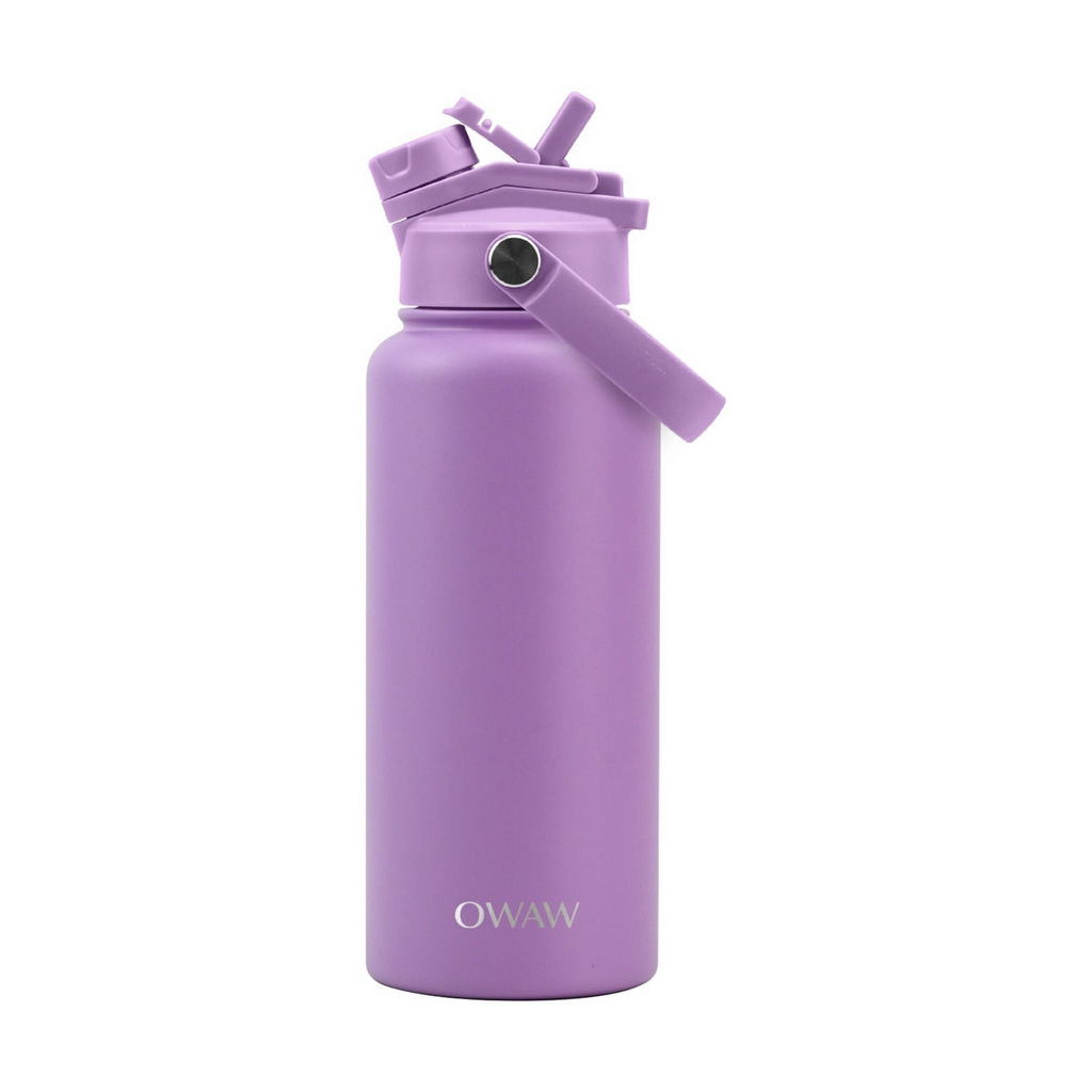 OWAW Nomade 32 oz insulated water bottle with straw in Lavender, front view