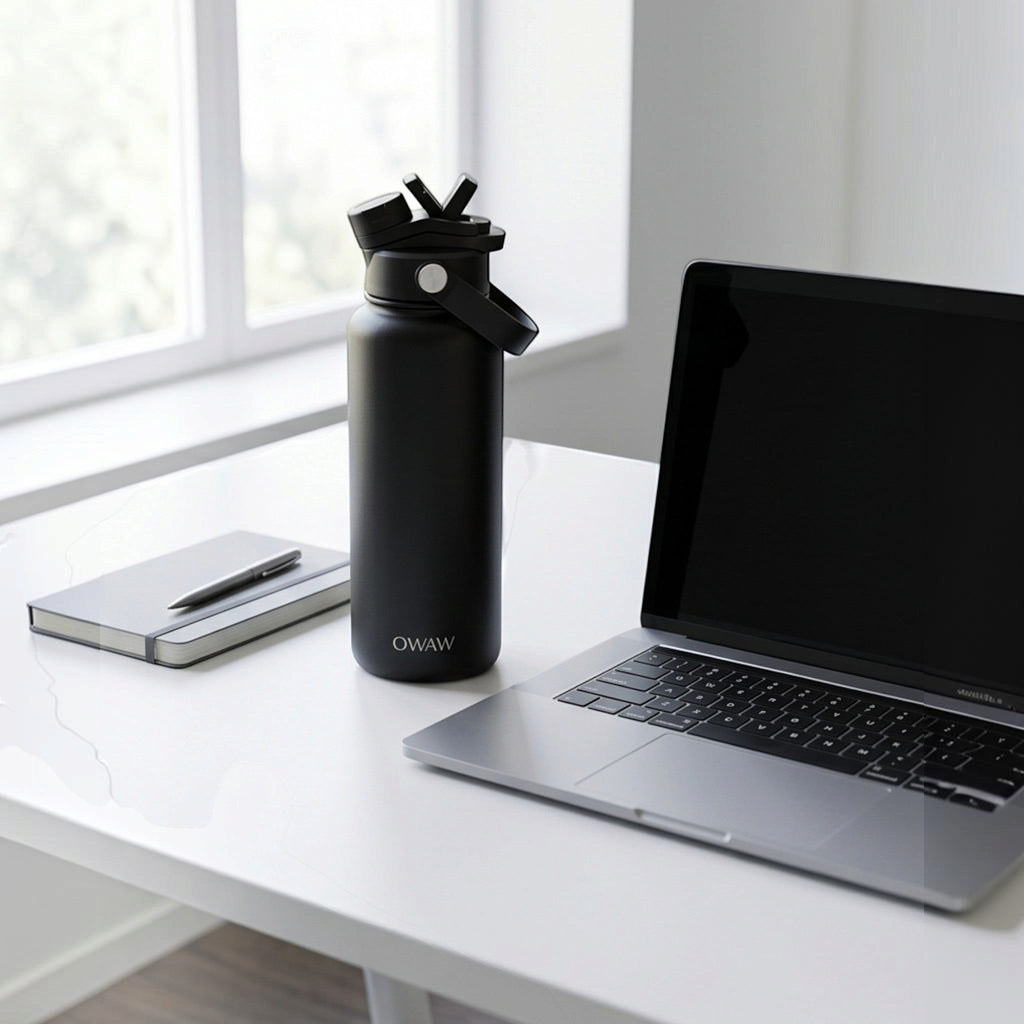 OWAW Nomade stainless steel water bottle in Matte Black on a desk beside a laptop