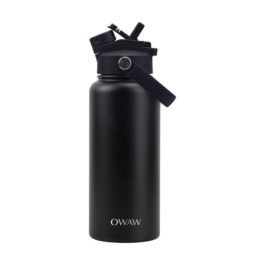 OWAW Nomade 32 oz insulated water bottle with straw in Matte Black, front view