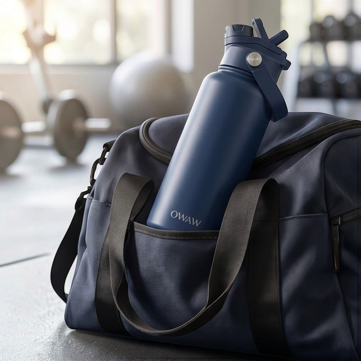 OWAW Nomade stainless steel water bottle in Matte Navy next to a gym bag