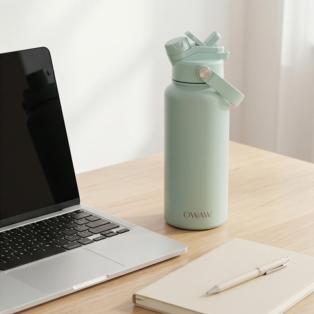 OWAW Nomade stainless steel water bottle in Soft Mint on a desk beside a laptop