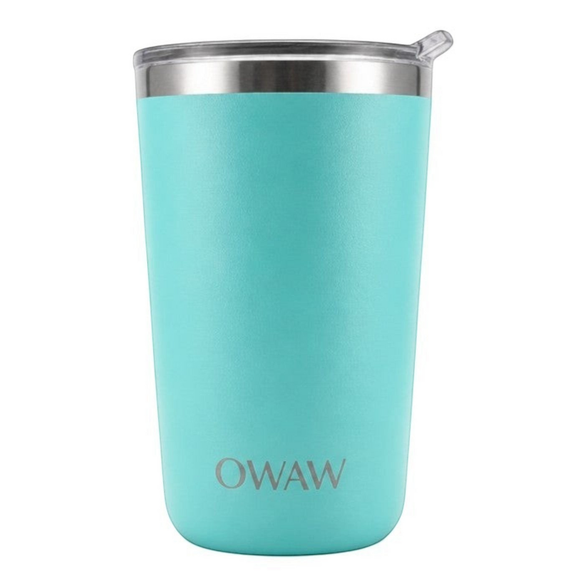OWAW Pause 20 oz insulated coffee tumbler in Turquoise with slide lid, front view