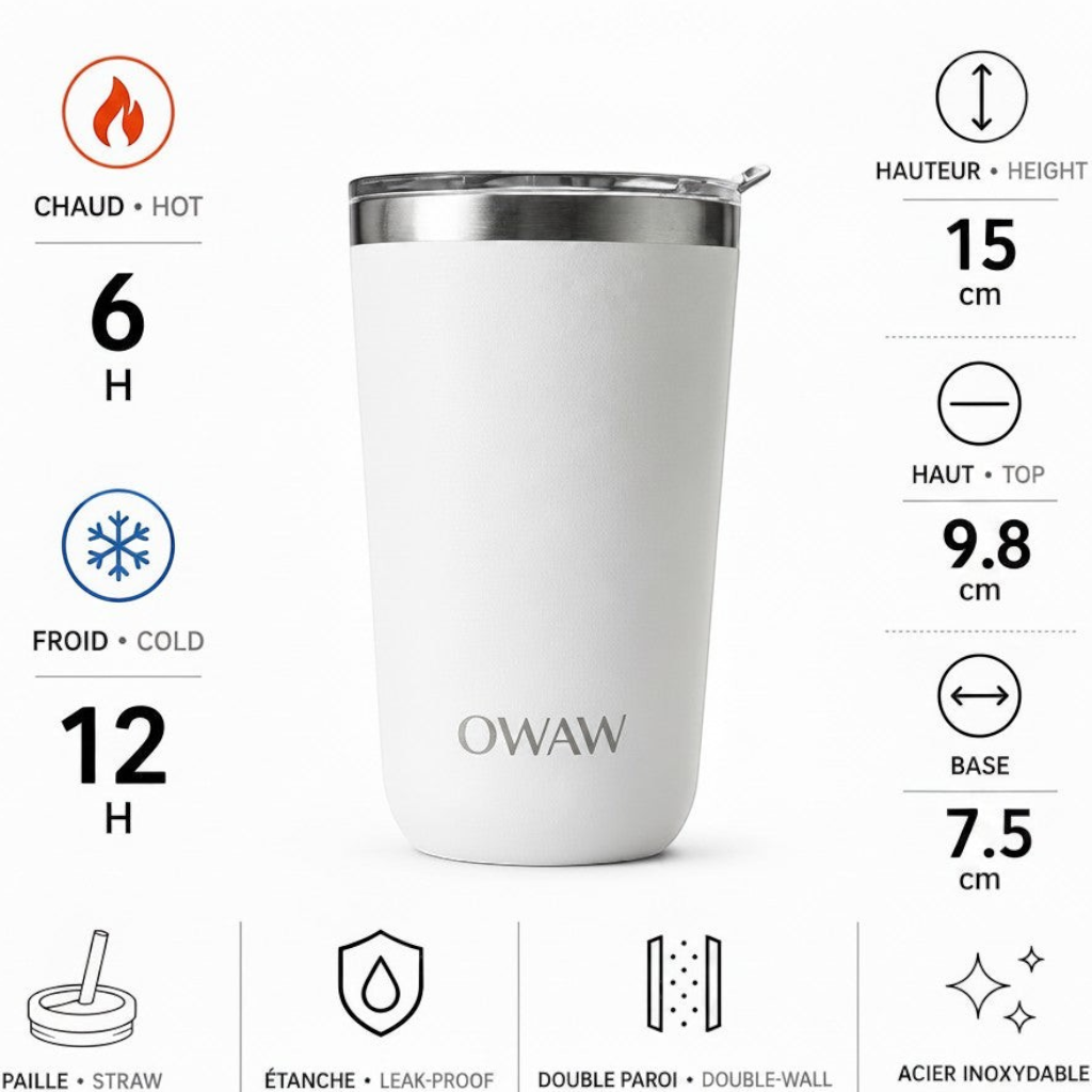 Gobelet isotherme à café OWAW Pause 20 oz : caractéristiques et spécifications
